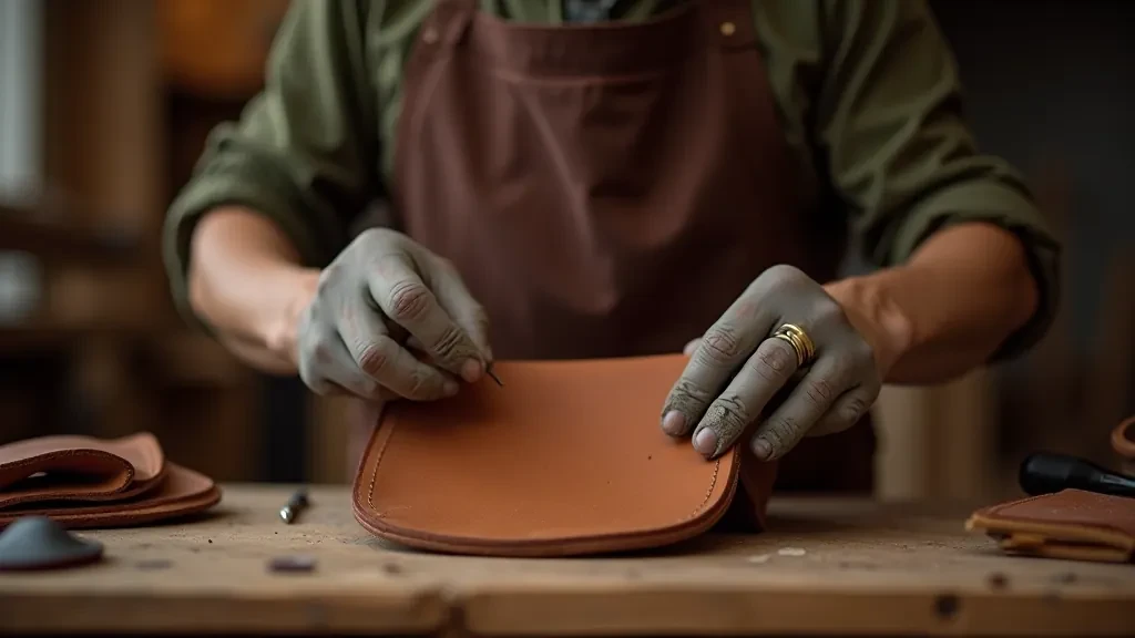 Skilled craftsperson handstitching a durable leather shoulder bag at our Brno workshop