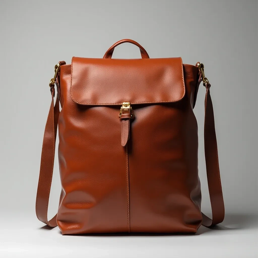 Cognac tan leather crossbody bag with brass hardware and visible patina on neutral grey background