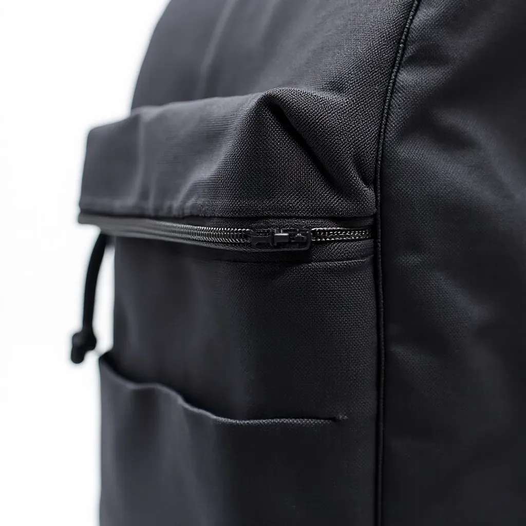 Close-up of 700D ballistic nylon fabric showing texture and reinforced stress points with YKK zipper detail