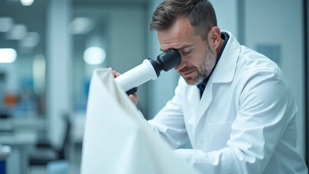 Martin Kovács working at a textile testing laboratory, examining bag materials under bright studio lighting