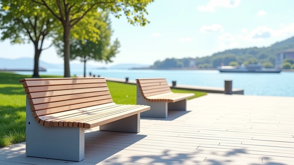Modernus suolų šeima Promenadoje, nuostabus vandens vaizdas nuo krantinės