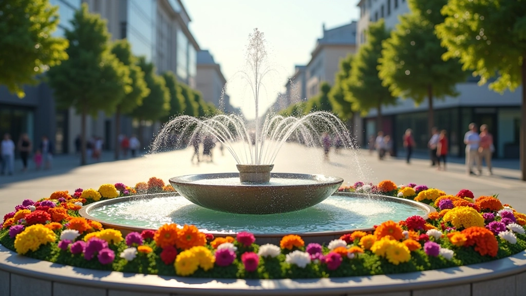 Šiuolaikinis gėlių fontanas Birutės aikštėje su spalvingomis gėlėmis aplink