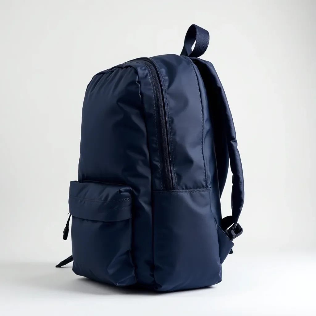 Side profile of navy backpack showing overall shape, strap construction, ventilation design, and compartment layout with measurement indicators