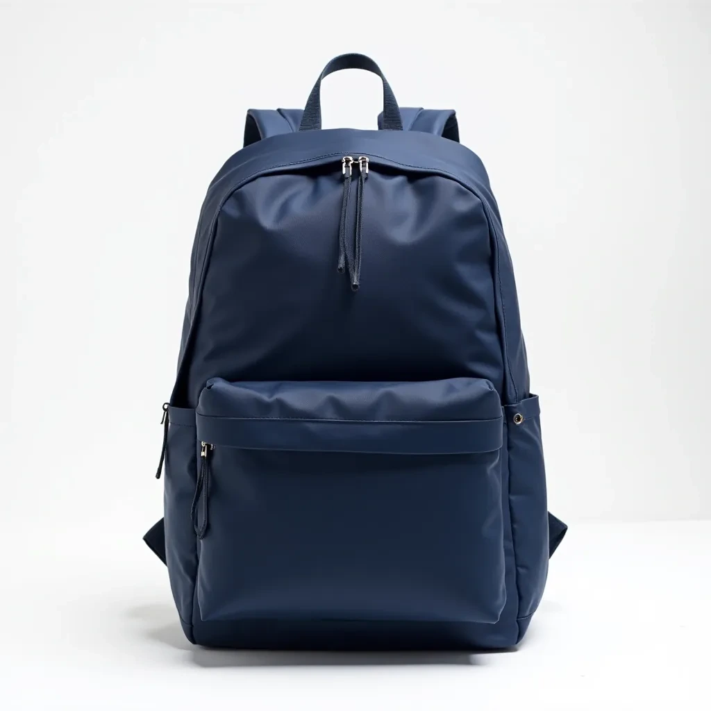Navy blue backpack with visible zippers and padded straps, studio lighting on white background