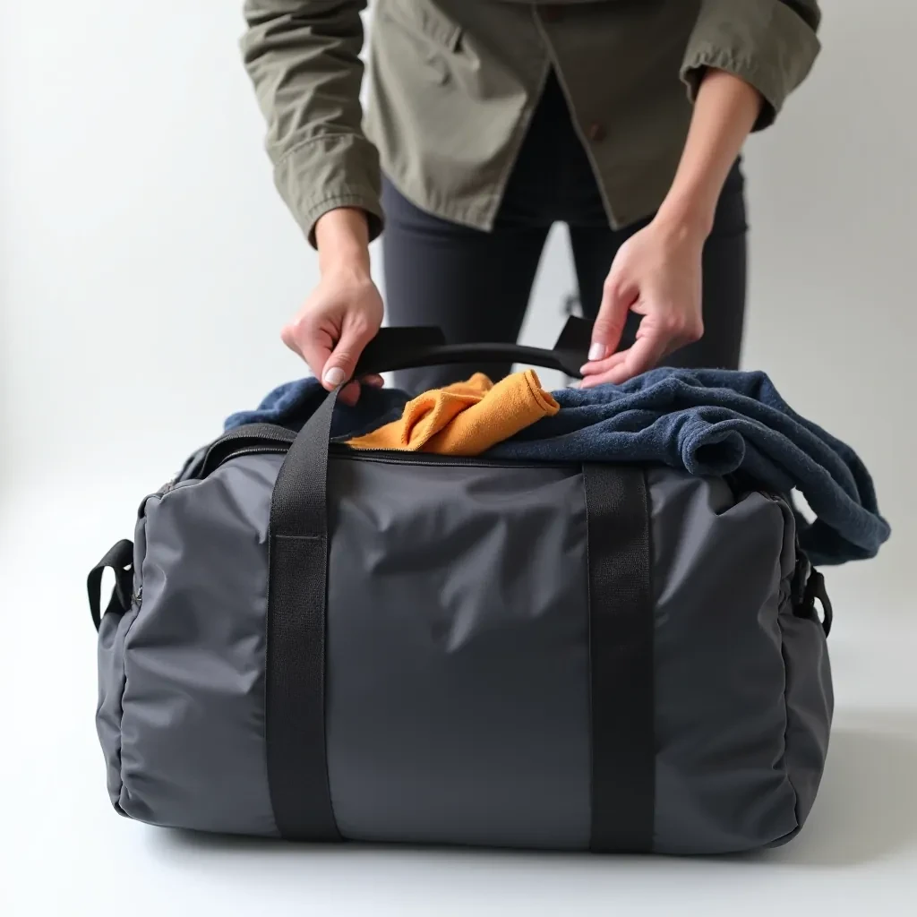 Person packing Travel Duffle Hybrid with various travel items showing internal organization and compression straps in action